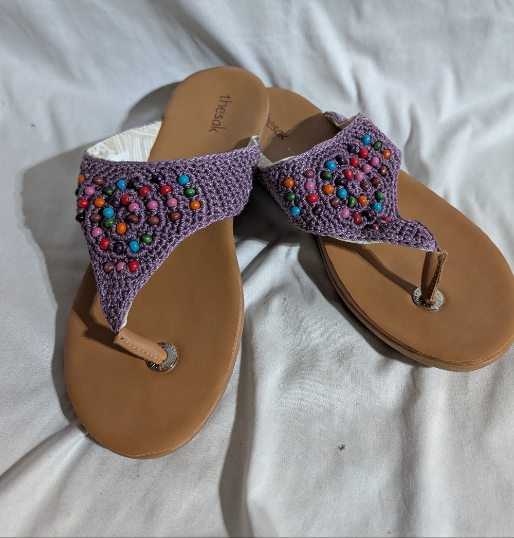 The Sak Purple Beaded Boho Flip Flops Sandals Size 9